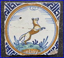 Antique Very Rare Early Dutch Delft Maiolica Tile Jumping Fox Circa 1600 Polychr Antique Very Rare Early Dutch Delft Maiolica Tile Jumping Fox Circa 1600 Polychr