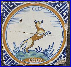 Antique Very Rare Early Dutch Delft Maiolica Tile Jumping Fox Circa 1600 Polychr Antique Very Rare Early Dutch Delft Maiolica Tile Jumping Fox Circa 1600 Polychr