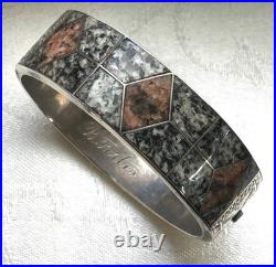 Antique Victorian Scottish Sterling Silver Inlaid Granite Bangle Bracelet RARE