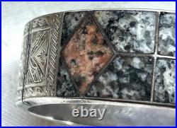 Antique Victorian Scottish Sterling Silver Inlaid Granite Bangle Bracelet RARE