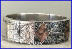 Antique Victorian Scottish Sterling Silver Inlaid Granite Bangle Bracelet RARE