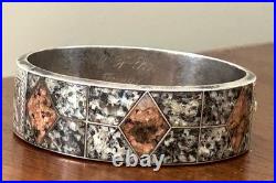Antique Victorian Scottish Sterling Silver Inlaid Granite Bangle Bracelet RARE