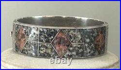 Antique Victorian Scottish Sterling Silver Inlaid Granite Bangle Bracelet RARE