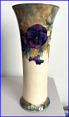 Antique William Moorcroft Pansy Trumpet Vase 14.5 Burslem Signed c1914 Rare