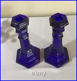 Antique pair Cobalt Blue glass candle holders sandwich eapg early American rare