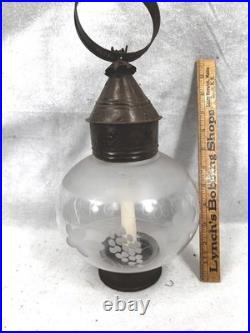 Antique round onion etched glass candle lantern lamp original rare 18th 19thc
