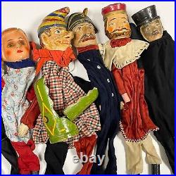 Antique set of 8 WOODEN HAND PUPPET Punch Judy Vintage early 1900s head RARE