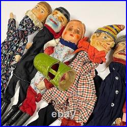 Antique set of 8 WOODEN HAND PUPPET Punch Judy Vintage early 1900s head RARE