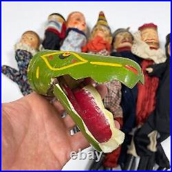 Antique set of 8 WOODEN HAND PUPPET Punch Judy Vintage early 1900s head RARE