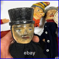 Antique set of 8 WOODEN HAND PUPPET Punch Judy Vintage early 1900s head RARE