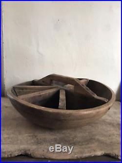 BIG RARE Early Antique Wooden Treen Dough Bowl Make Do Divided Sorting AAFA