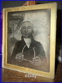 Early 1840 Daguerreotype Old Man Holding Glasses! Paper Mat! Rare 6th Plate