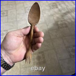 Early 18th Century Fruitwood Traveling Spoon Fork Combination Super Rare 1720's