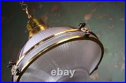 Early 20th C Rare Pair Violet Tinted Holophane Gilt Copper Caged Pendants Lights
