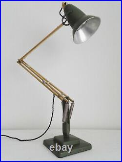 Early Anglepoise 1227. Rare Brass Arms. Perforated Shade. Restored Olive Green