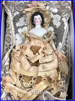 Early Antique 7 German China Doll Dollhouse Doll Original Dress Rare Hairdo NM