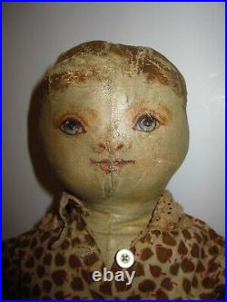 Early Antique American 19 Cloth Doll Oil Painted Face Oil Cloth Americana Rare