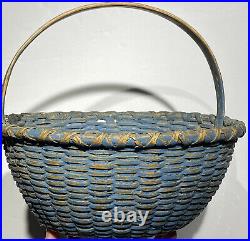 Early Antique Primitive Basket 10 Diameter Original Blue Paint Fantastic Rare