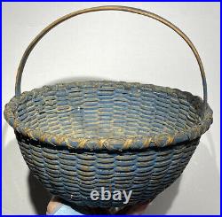 Early Antique Primitive Basket 10 Diameter Original Blue Paint Fantastic Rare