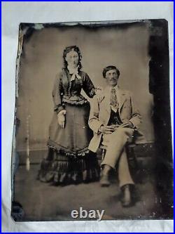 Early Antique Tintype Photograph Man Woman Couple Rare beautiful Dress Handsome