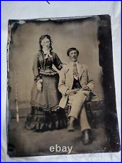 Early Antique Tintype Photograph Man Woman Couple Rare beautiful Dress Handsome