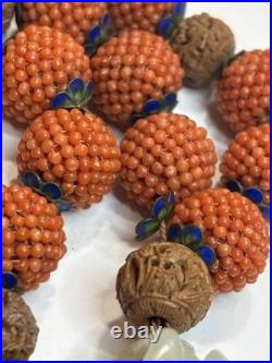 Early Chinese Coral & Carved White Jade Necklace With Hediao Beads Rare Antique