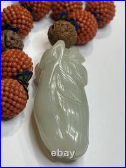 Early Chinese Coral & Carved White Jade Necklace With Hediao Beads Rare Antique