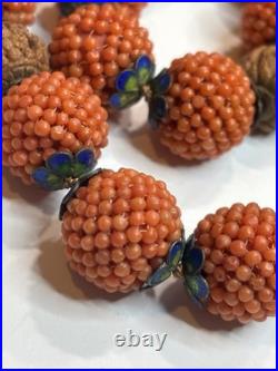 Early Chinese Coral & Carved White Jade Necklace With Hediao Beads Rare Antique