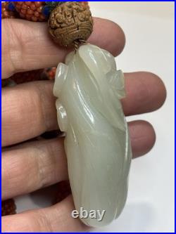 Early Chinese Coral & Carved White Jade Necklace With Hediao Beads Rare Antique