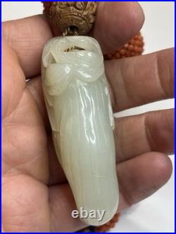 Early Chinese Coral & Carved White Jade Necklace With Hediao Beads Rare Antique