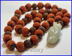 Early Chinese Coral & Carved White Jade Necklace With Hediao Beads Rare Antique