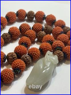 Early Chinese Coral & Carved White Jade Necklace With Hediao Beads Rare Antique