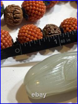 Early Chinese Coral & Carved White Jade Necklace With Hediao Beads Rare Antique