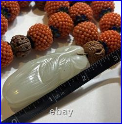 Early Chinese Coral & Carved White Jade Necklace With Hediao Beads Rare Antique