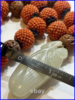 Early Chinese Coral & Carved White Jade Necklace With Hediao Beads Rare Antique