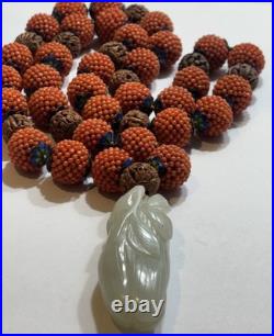 Early Chinese Coral & Carved White Jade Necklace With Hediao Beads Rare Antique