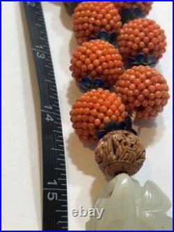Early Chinese Coral & Carved White Jade Necklace With Hediao Beads Rare Antique