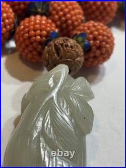 Early Chinese Coral & Carved White Jade Necklace With Hediao Beads Rare Antique