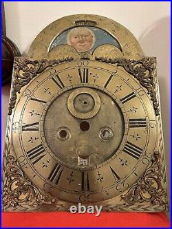 Early Clock Arched Dial Moonphase Lunar Calendar Painted Grandfather Rare