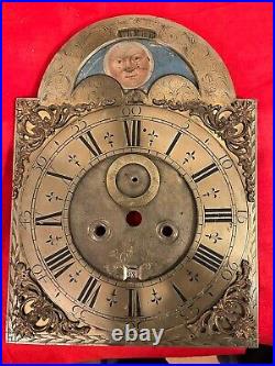 Early Clock Arched Dial Moonphase Lunar Calendar Painted Grandfather Rare