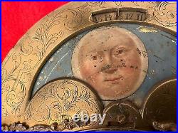 Early Clock Arched Dial Moonphase Lunar Calendar Painted Grandfather Rare