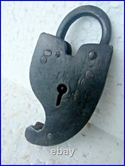 Early RARE ANTIQUE iron Rustic iron fish shape padlock lock with KEY