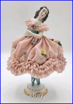 Early RARE Antique German Mueller Volksted Dresden Lace Ballerina Pink Figurine