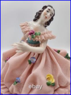 Early RARE Antique German Mueller Volksted Dresden Lace Ballerina Pink Figurine