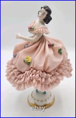 Early RARE Antique German Mueller Volksted Dresden Lace Ballerina Pink Figurine