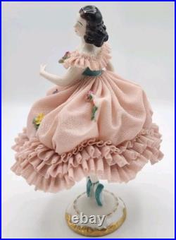 Early RARE Antique German Mueller Volksted Dresden Lace Ballerina Pink Figurine