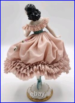 Early RARE Antique German Mueller Volksted Dresden Lace Ballerina Pink Figurine