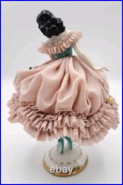 Early RARE Antique German Mueller Volksted Dresden Lace Ballerina Pink Figurine