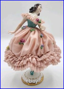 Early RARE Antique German Mueller Volksted Dresden Lace Ballerina Pink Figurine