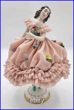 Early RARE Antique German Mueller Volksted Dresden Lace Ballerina Pink Figurine